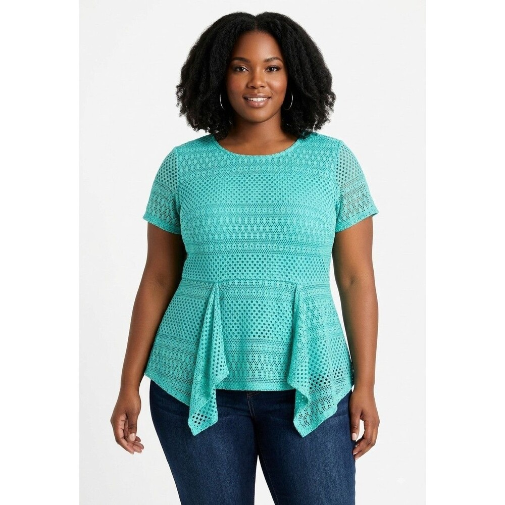 Ashley Stewart Women's Green Peplum Lace Top Size 10/12 Ruffle Eyelet Design New